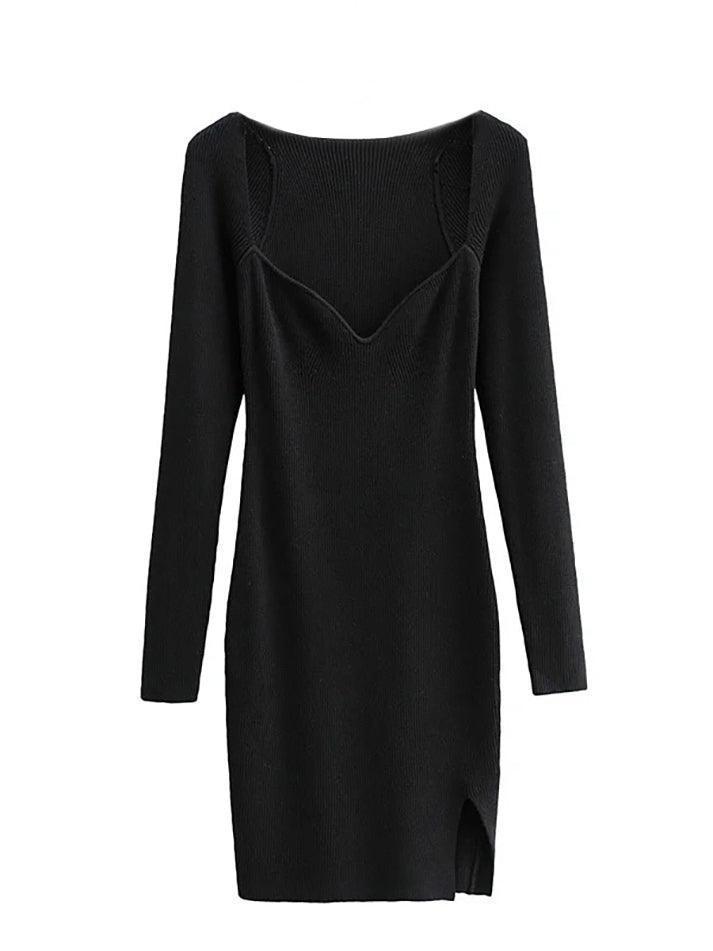 High Stretch Knitted Square Neck Ribbed Long Sleeve Bodycon Dresses, Blue / M High Stretch Knitted Square Neck Ribbed Long Sleeve Bodycon Dresses, Blue / M