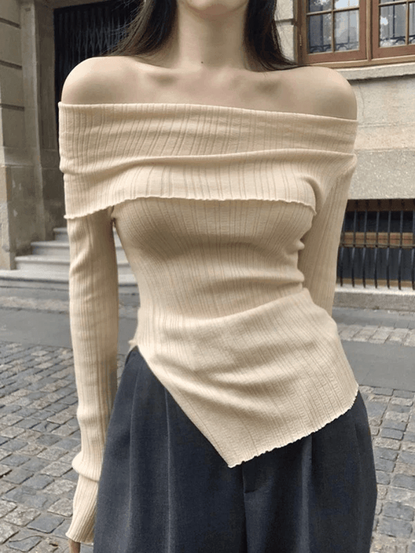 Split Off Shoulder Ribbed Knit Top - AnotherChill