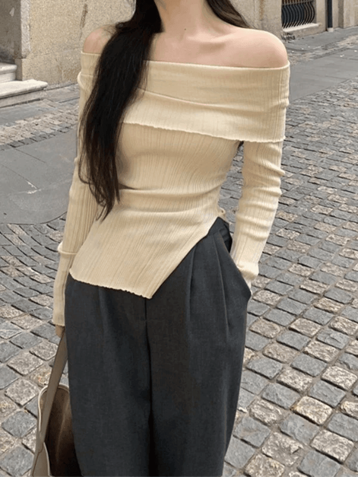 Split Off Shoulder Ribbed Knit Top - AnotherChill