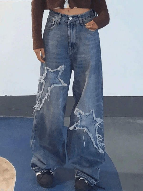 Star Patch Distressed Blue Boyfriend Jeans - AnotherChill