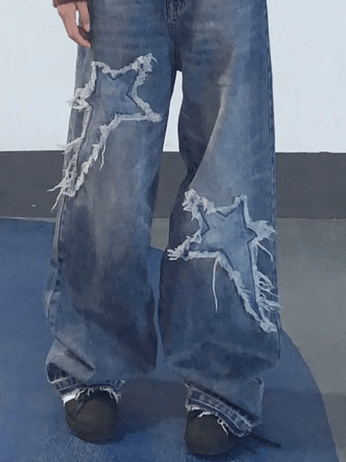 Star Patch Distressed Blue Boyfriend Jeans - AnotherChill