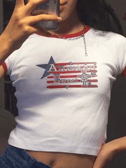 Star Stripe Printed Ringer Crop Top - AnotherChill