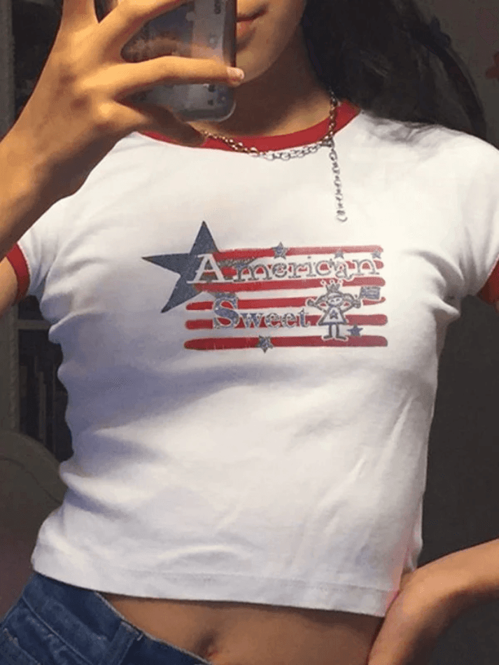 Star Stripe Printed Ringer Crop Top - AnotherChill