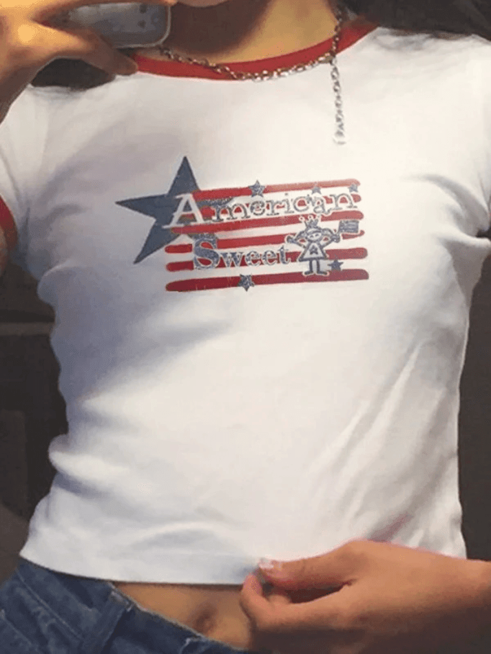 Star Stripe Printed Ringer Crop Top - AnotherChill