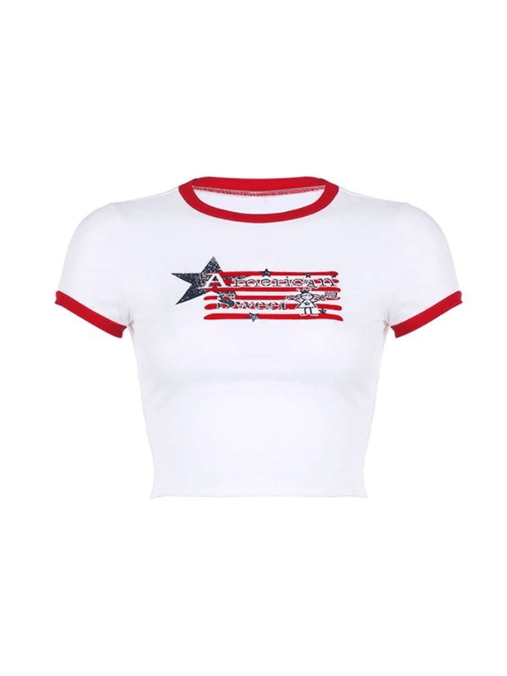 Star Stripe Printed Ringer Crop Top - AnotherChill