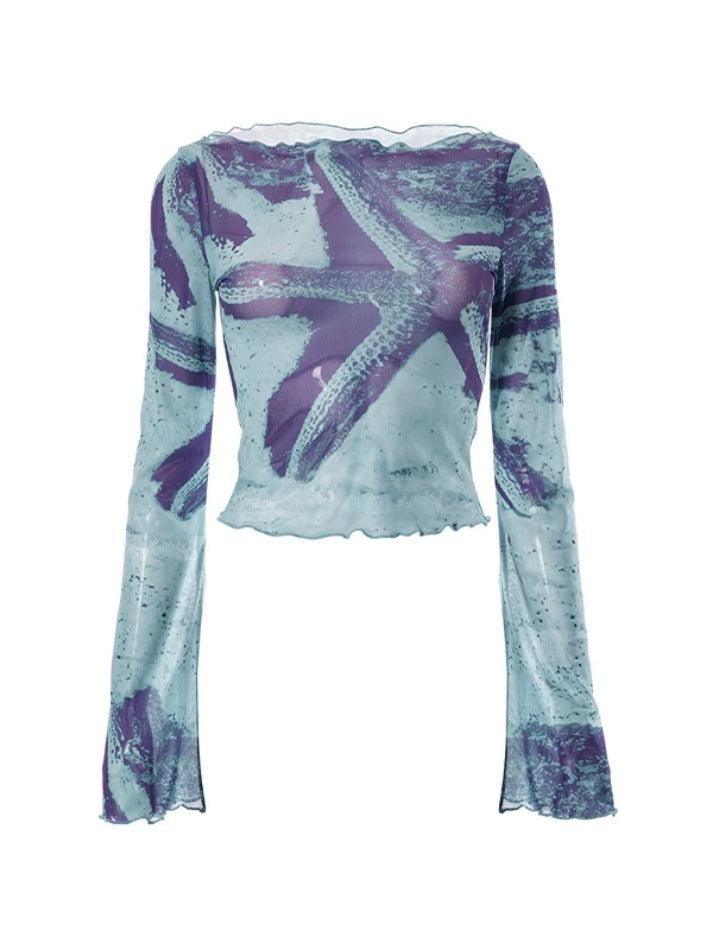 Starfish Print Flare Sleeve Long Sleeve Tee - AnotherChill