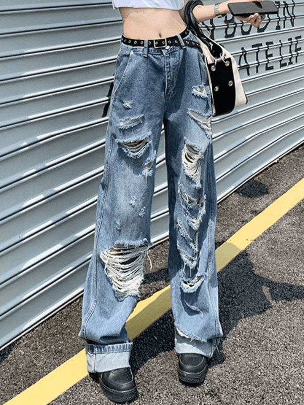 Straight Leg Frayed Ripped Jeans - AnotherChill