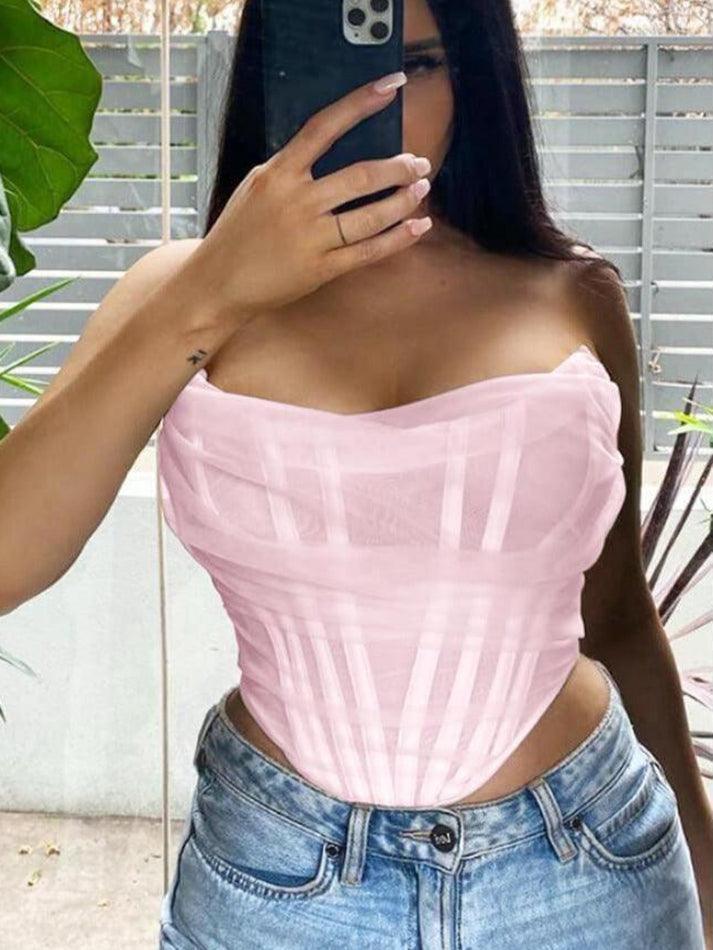 Strapless Boned Mesh Bustier Corset Crop Top - AnotherChill