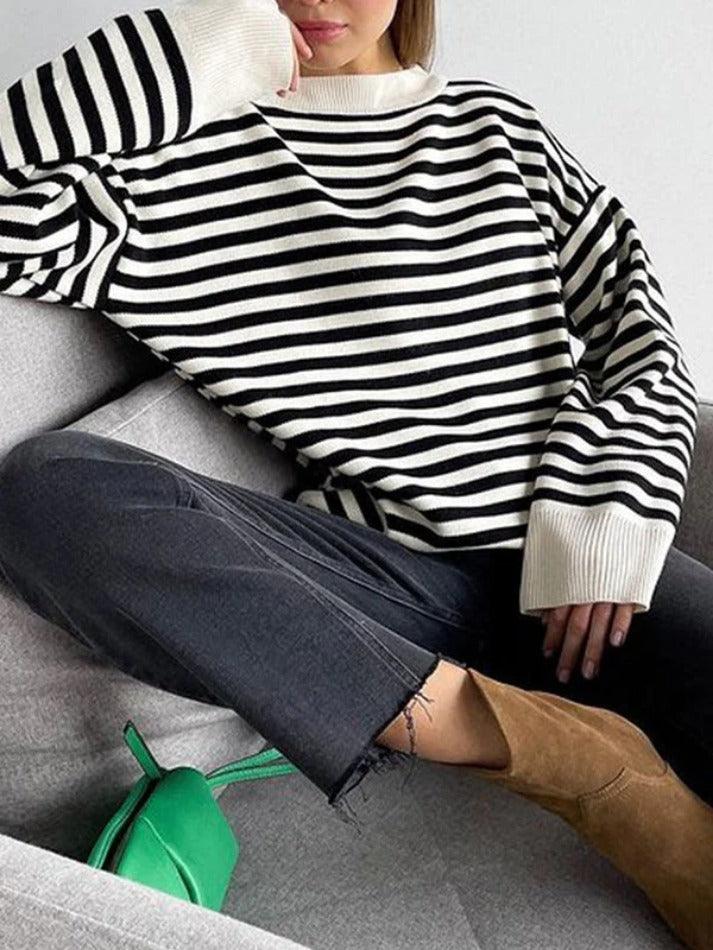 Stripe Drop Shoulder Slit Loose Sweater - AnotherChill