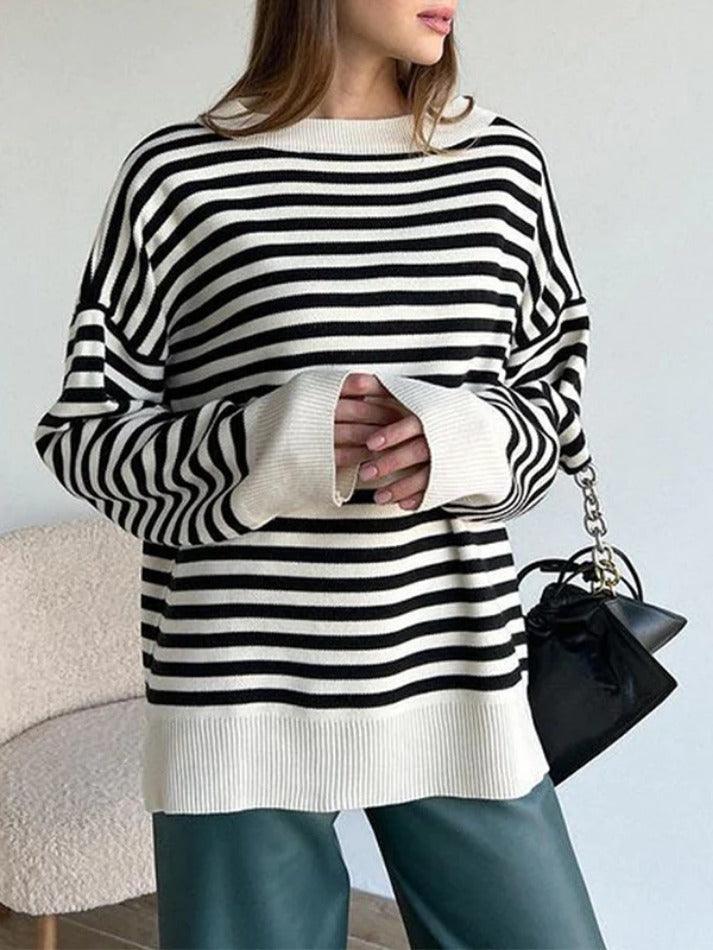 Stripe Drop Shoulder Slit Loose Sweater - AnotherChill