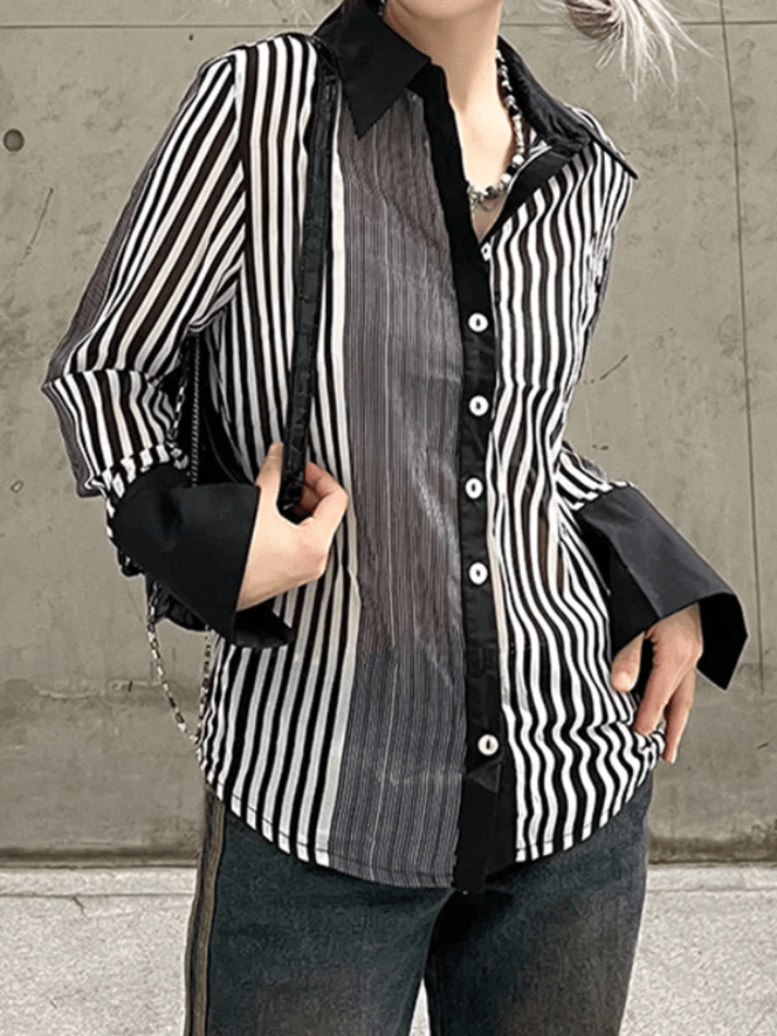 Stripe Stitching Long Sleeve Blouse - AnotherChill