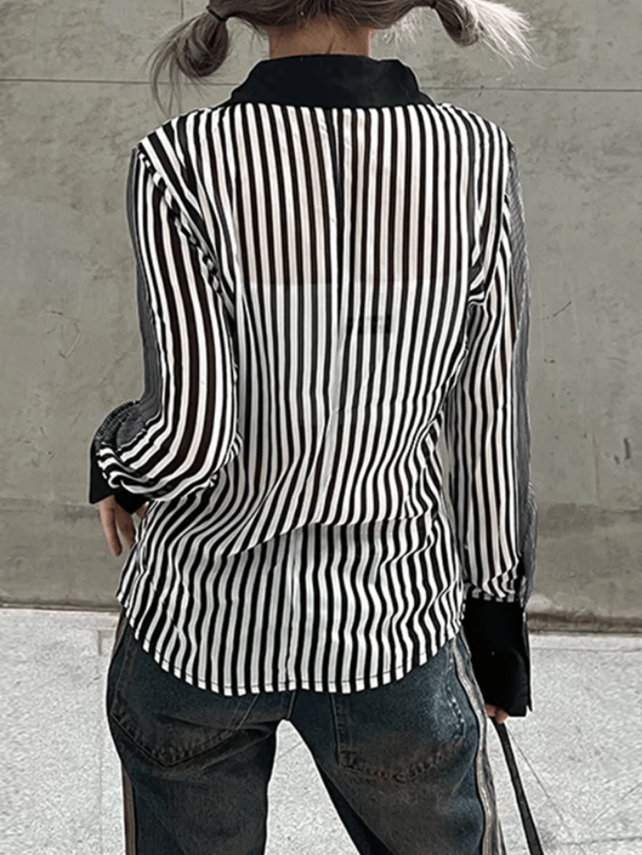 Stripe Stitching Long Sleeve Blouse - AnotherChill