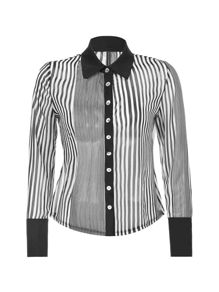 Stripe Stitching Long Sleeve Blouse - AnotherChill