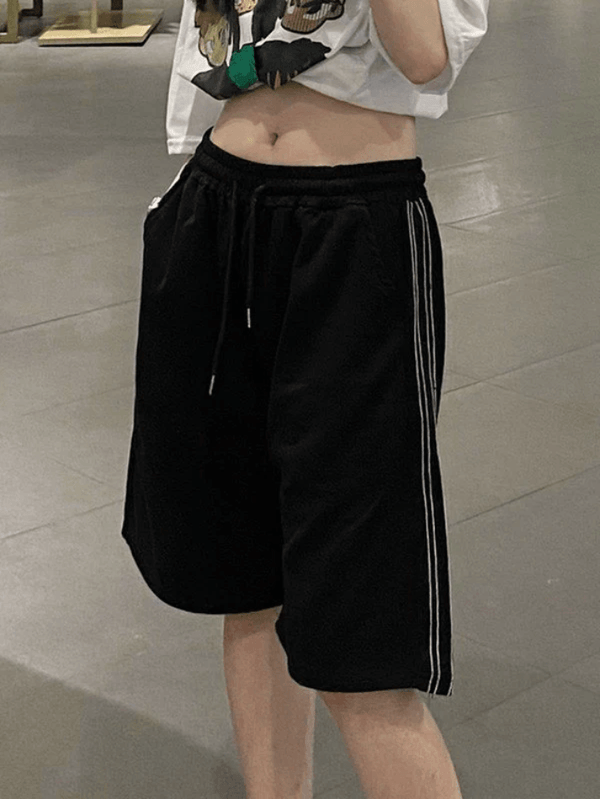 Striped Baggy Black Sweat Shorts - AnotherChill