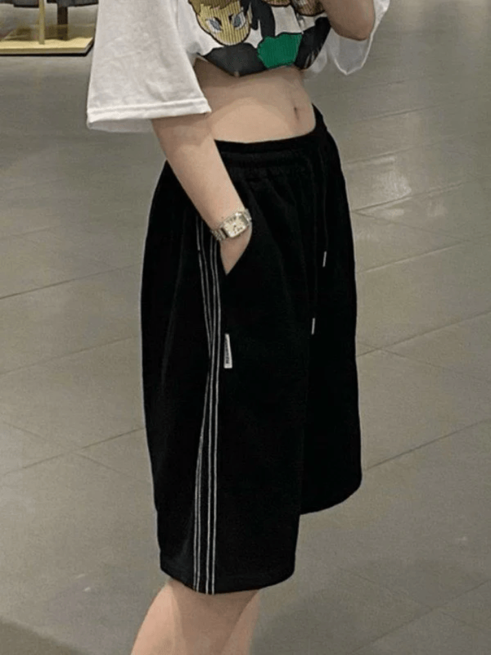 Striped Baggy Black Sweat Shorts - AnotherChill