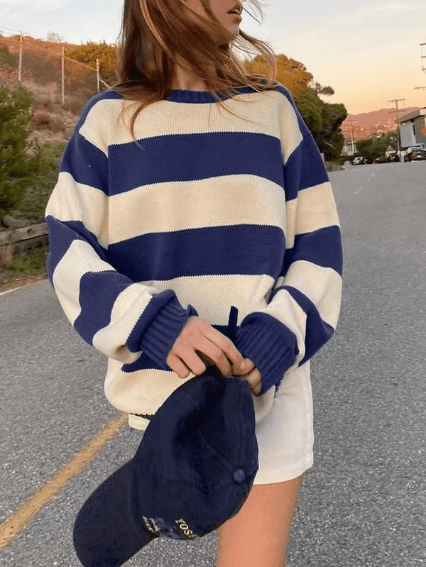 Striped Crew Neck Knit Sweater - AnotherChill