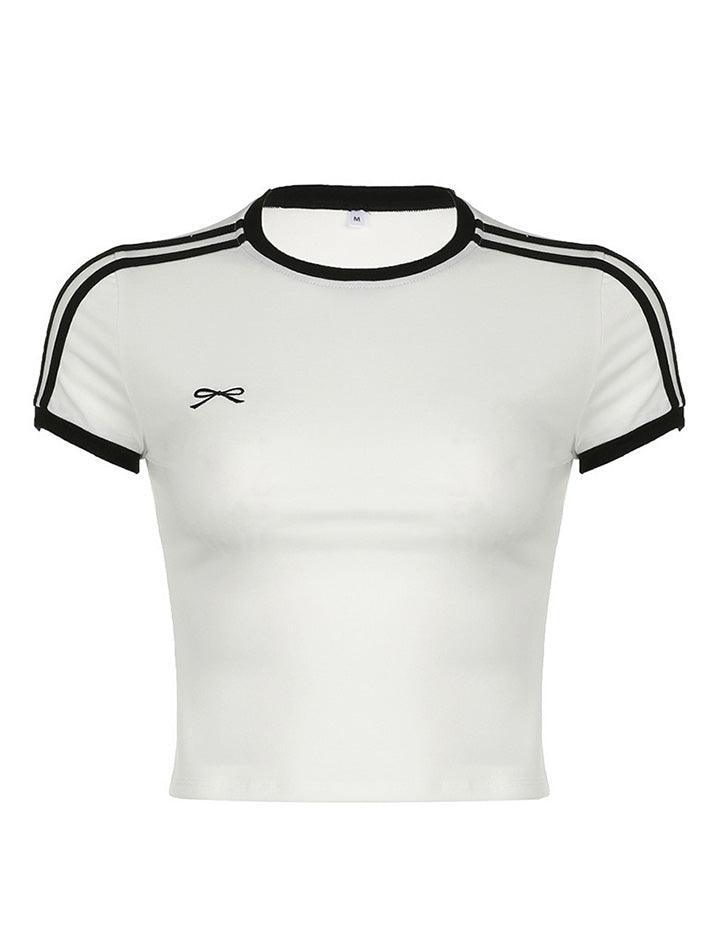 Striped Embroidery Short Sleeve Tee - AnotherChill