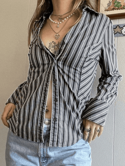 Striped Long Sleeve Button Blouse - AnotherChill