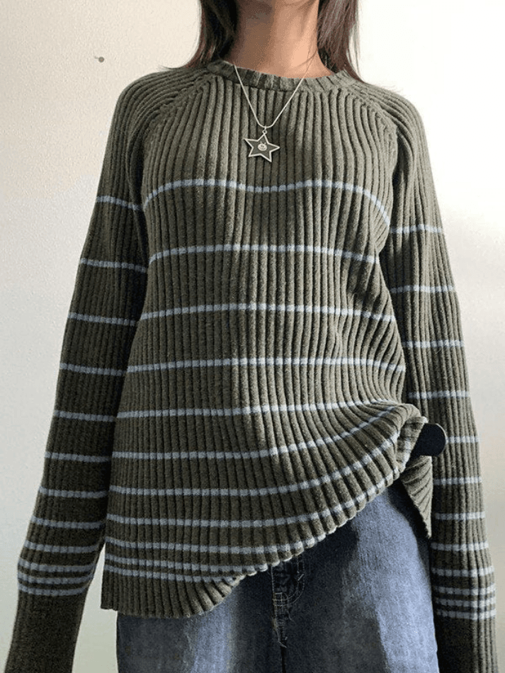 Striped Ribbed Pullover Knit Sweater - AnotherChill