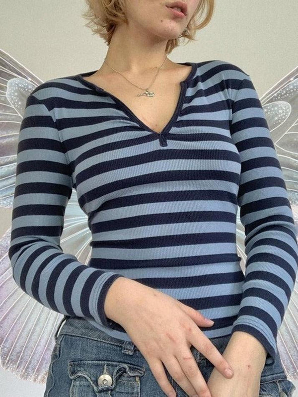 Striped V Neck Long Sleeve Tee - AnotherChill