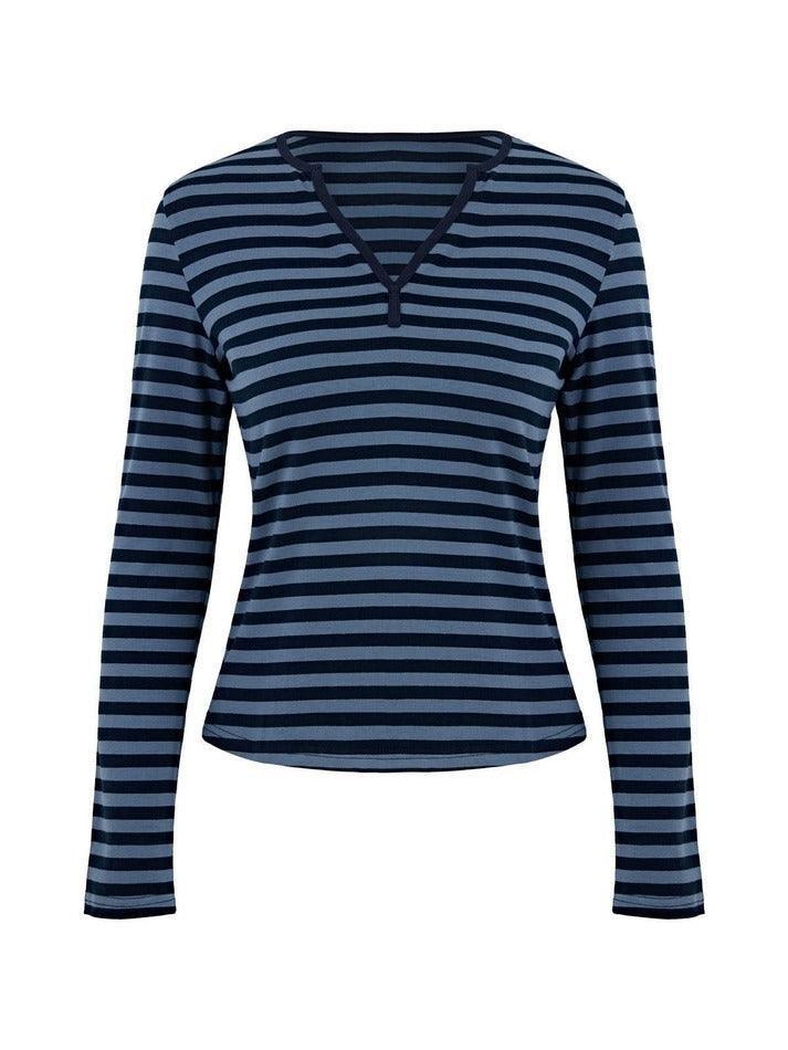 Striped V Neck Long Sleeve Tee - AnotherChill