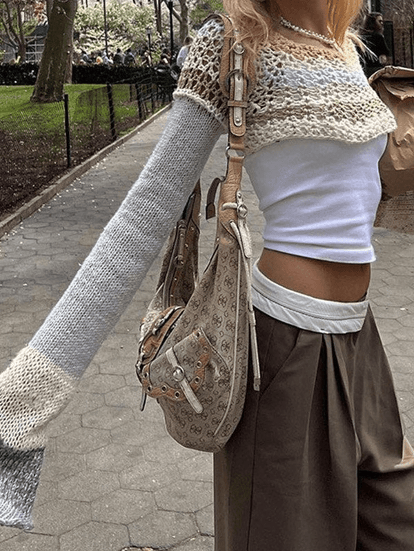 Super Crop Long Sleeve Striped Crochet Knit Top - AnotherChill