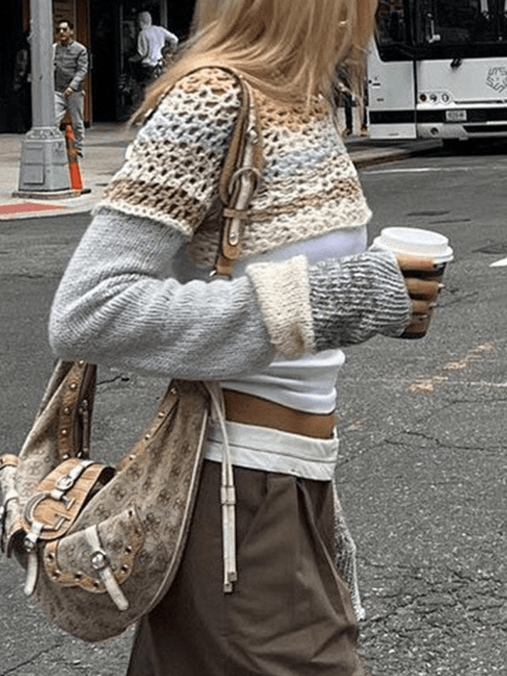 Super Crop Long Sleeve Striped Crochet Knit Top - AnotherChill