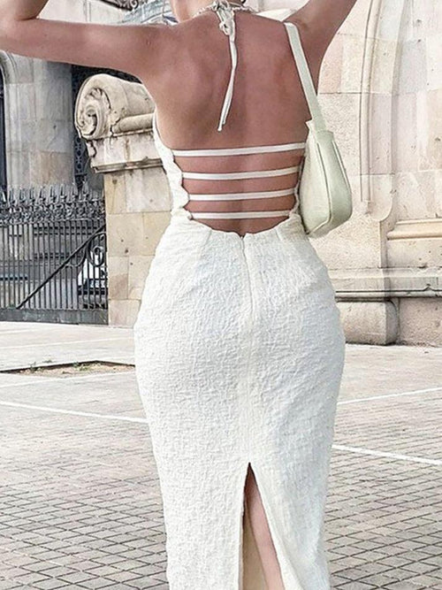 textured split cut out maxi dress South Beach textured ring front cut out maxi dress in cream