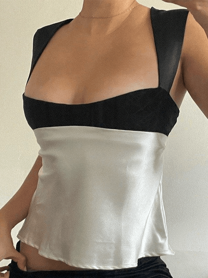 Tie Back Patchwork Satin Tank Top - AnotherChill