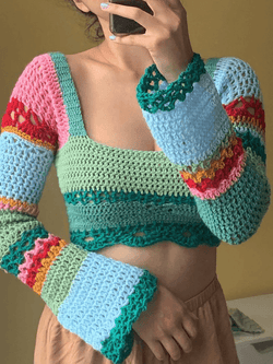 Tie Back Striped Crochet Crop Knit Top - AnotherChill