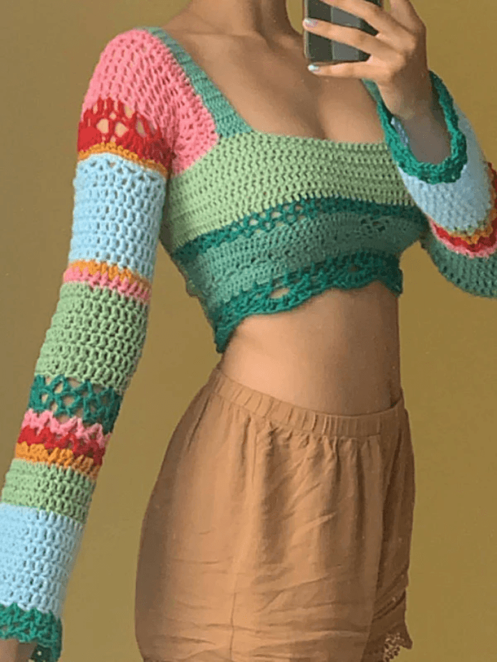 Tie Back Striped Crochet Crop Knit Top - AnotherChill
