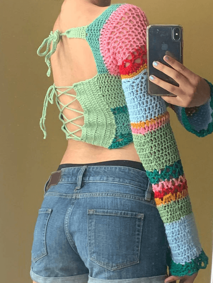 Tie Back Striped Crochet Crop Knit Top - AnotherChill