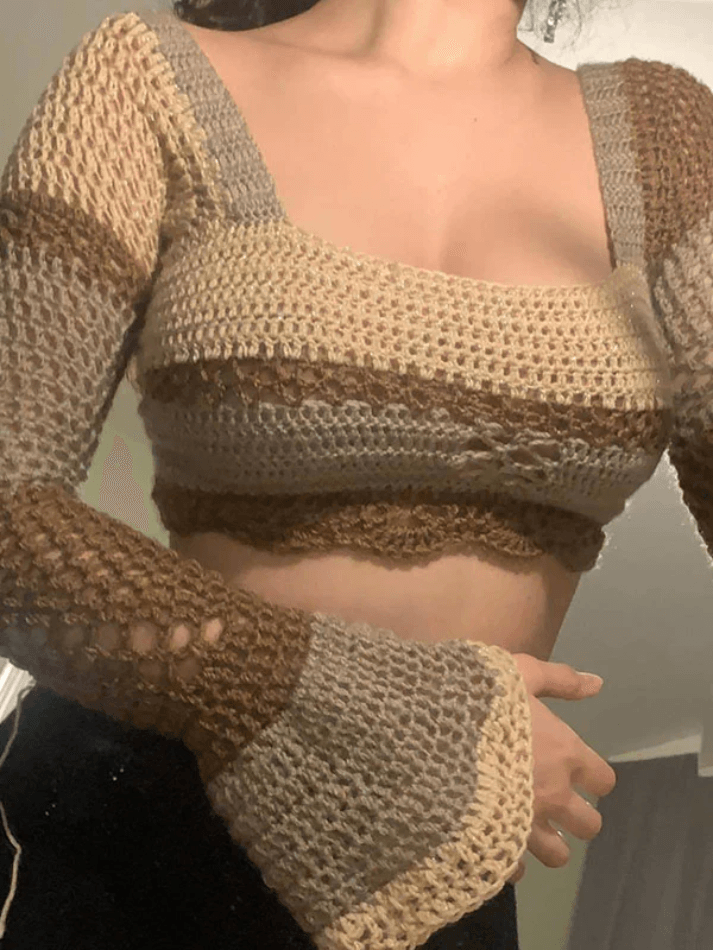 Tie Back Striped Crochet Crop Knit Top - AnotherChill