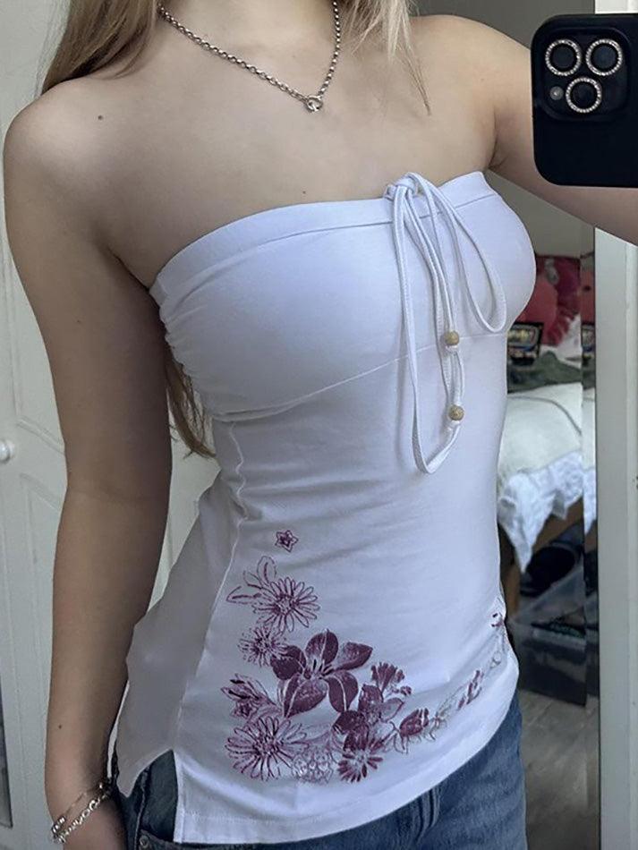 Tie Floral Print Slit Tube Top - AnotherChill