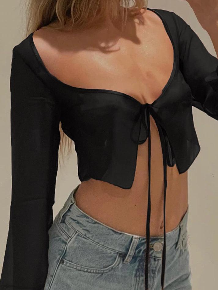 Tie Front Cropped Mesh Long Sleeve Blouse - AnotherChill