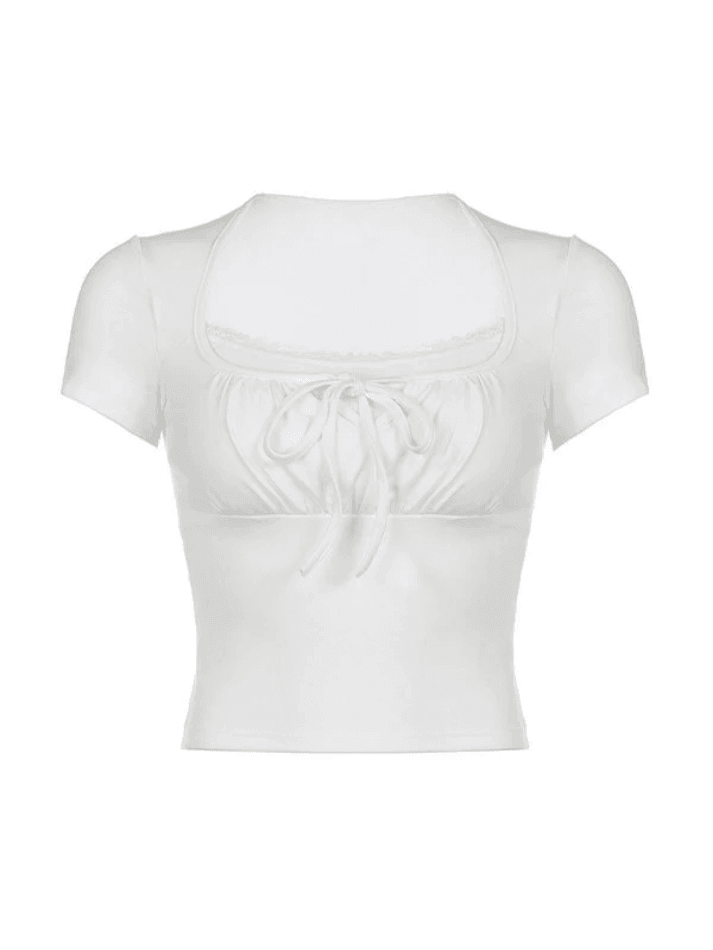 Tie Front Patchwork White Crop Top - AnotherChill