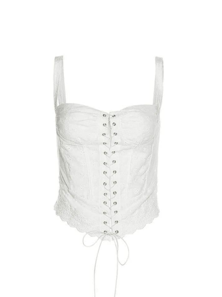 Tie Front White Broderie Lace Corset Top - AnotherChill