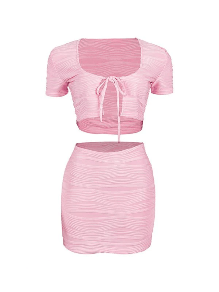 Tie Short SleeveSkirt Two Piece - AnotherChill