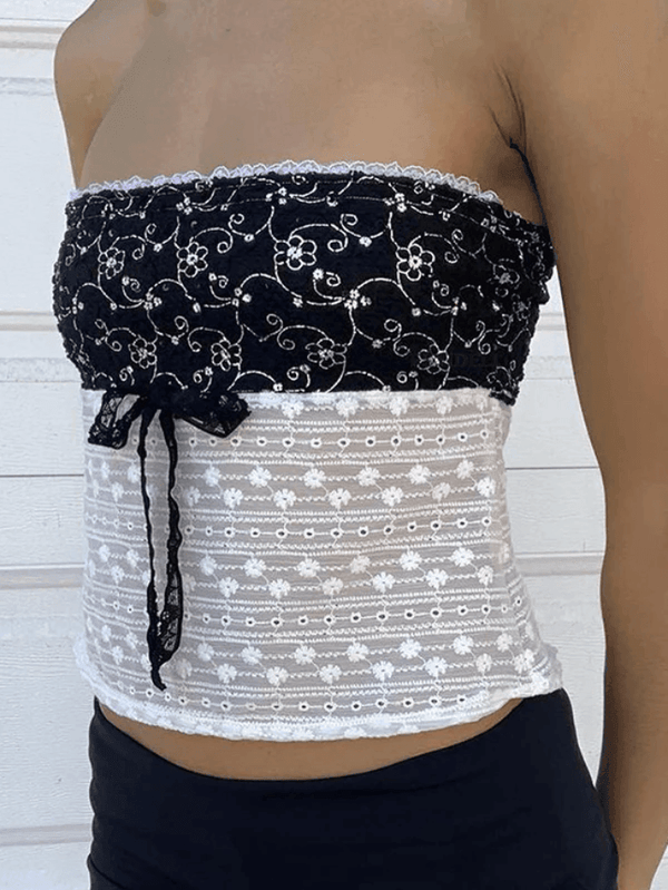 Tie Up Lace Patchwork Bandeau Top - AnotherChill