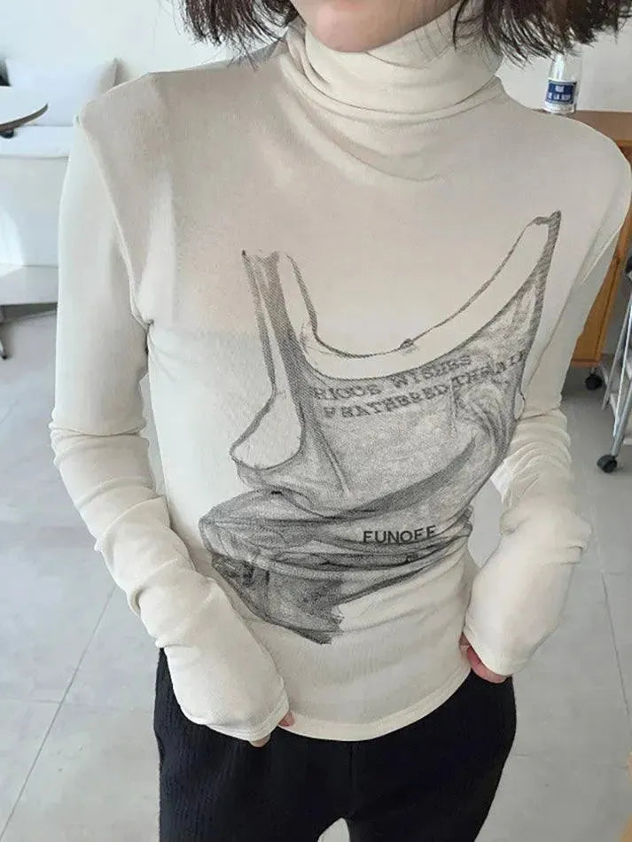 Turtleneck Graphic Print Knit Top - AnotherChill