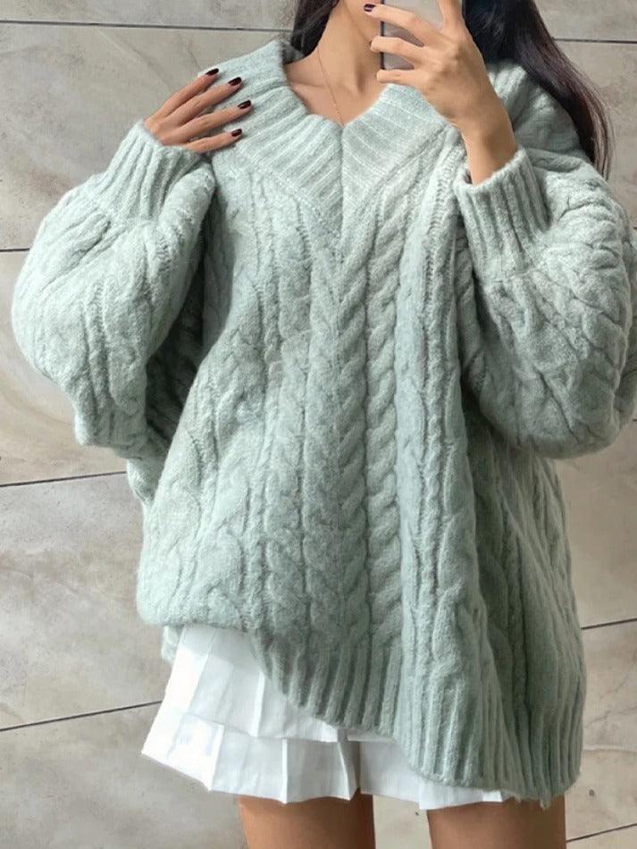 Twist Design V Neck Loose Sweater - AnotherChill