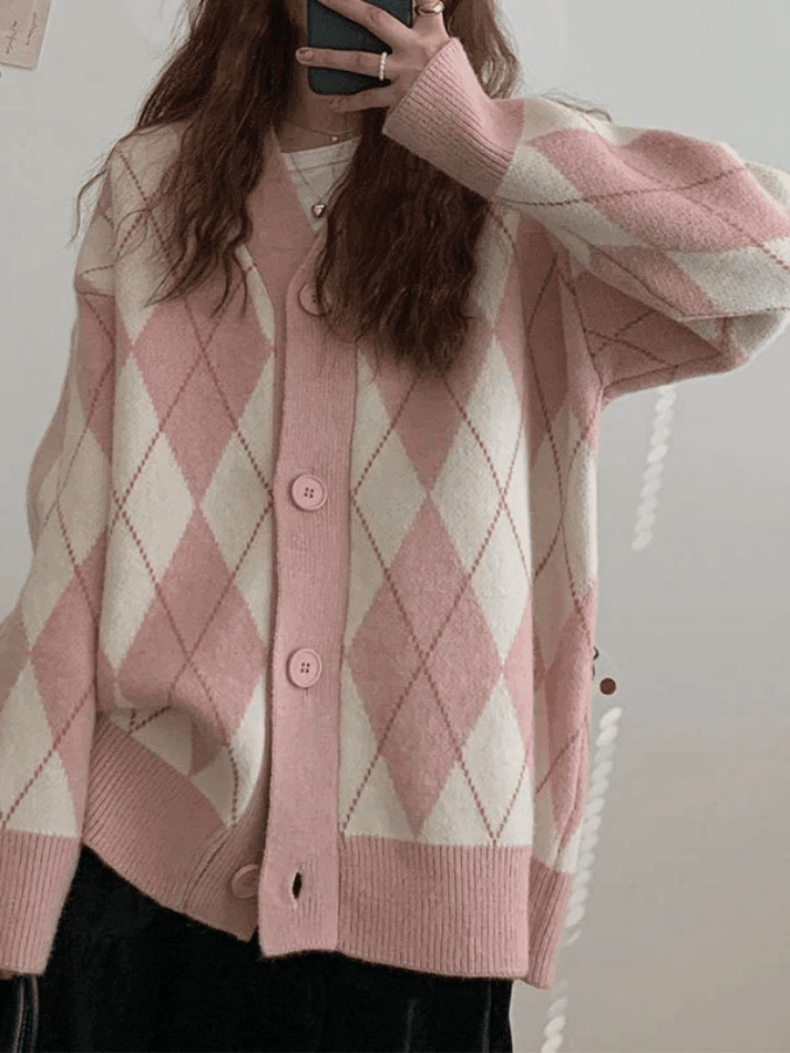 V Neck Argyle Pattern Knit Cardigan - AnotherChill