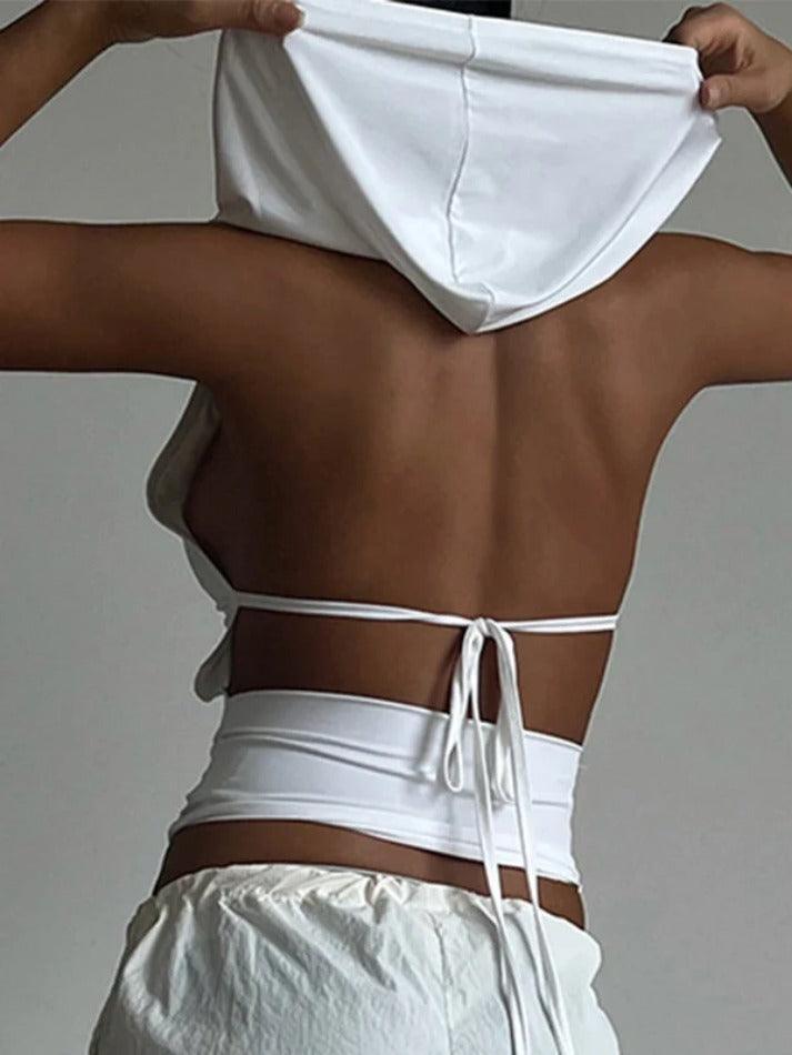 V Neck Backless Lace Up Hooded Tank Top - AnotherChill