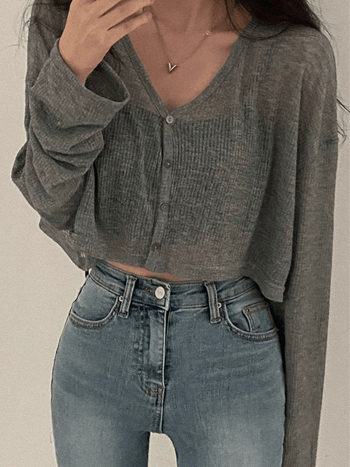 V Neck Button Up Cropped Cardigan - AnotherChill