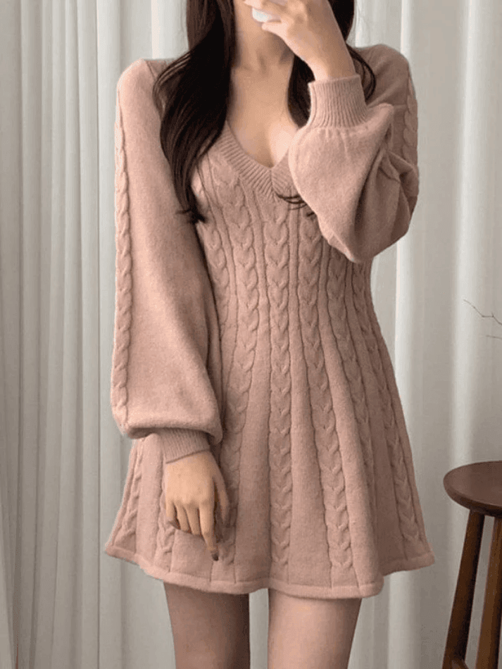 v neck cable knit long sleeve mini dress Cable Knit Sweater Dress