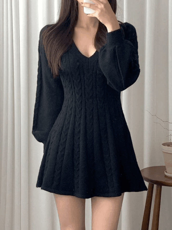 Knitted Long Sleeves Deep V-Neck Mini Dress - Black main image 1
