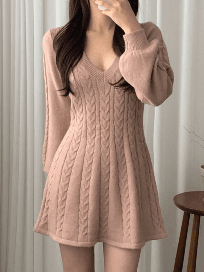 v neck cable knit long sleeve mini dress Mnyycxen Women's Zipper V-Neck Sweater Dress Cable Knit Long Sleeve V Neck Mini Dress Sexy Bodycon Pencil Dresses