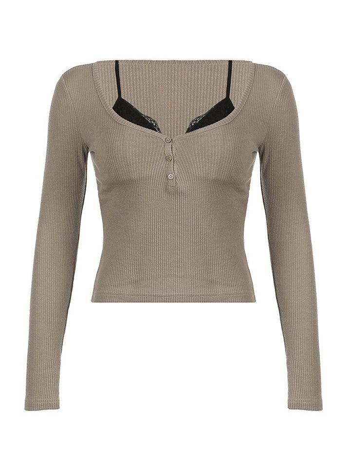 V-Neck Fake Two Piece Lace Long Sleeve Slim top - AnotherChill