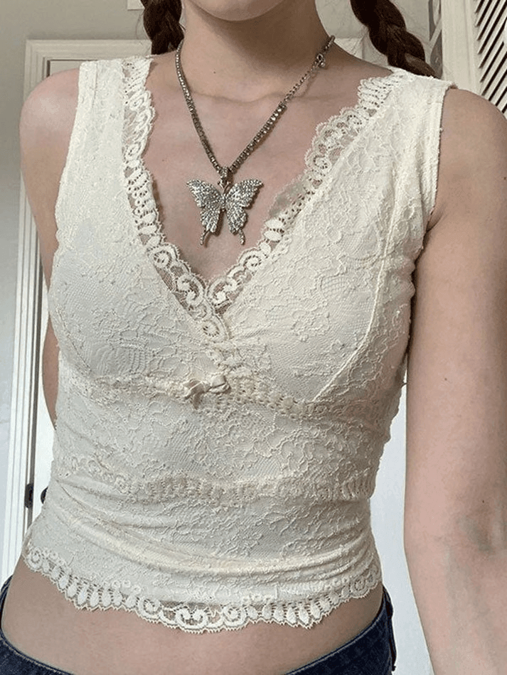 V Neck Lace Crop Tank Top - AnotherChill