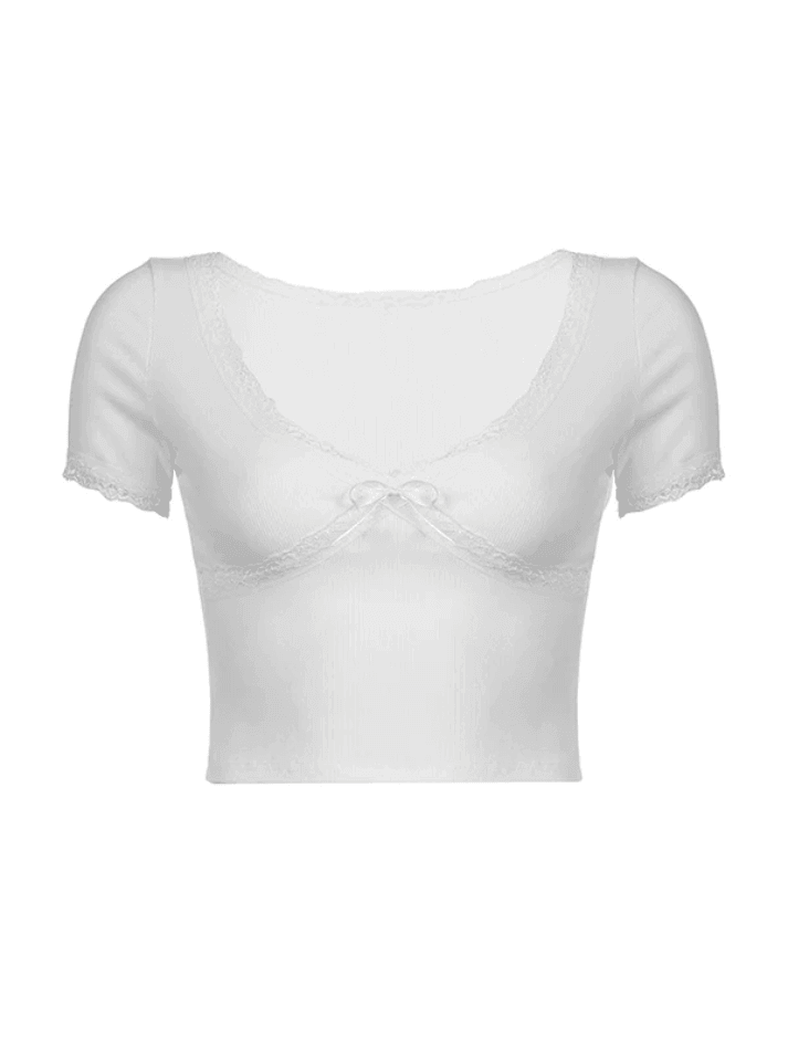 V Neck Lace Panel Short Sleeved Tee - AnotherChill